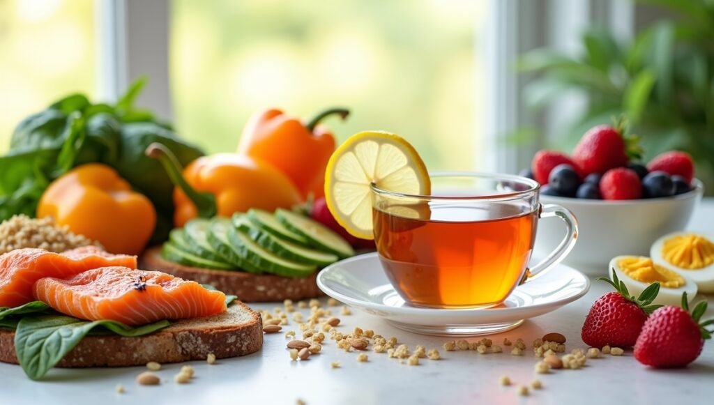 Foods That Stimulate Metabolism are showcased in a vibrant image featuring metabolism-boosting ingredients like salmon, avocado, and berries. The article explores 15 everyday foods, including green tea, chili peppers, and eggs, that help your body burn calories faster. Written in a friendly, clear way, it offers practical tips to boost energy and support a healthier lifestyle with simple, delicious choices.