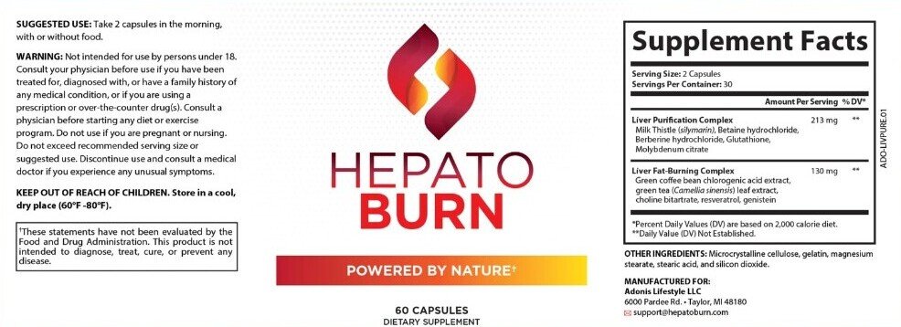 HepatoBurn ingredients: A detailed image highlighting the key components of the HepatoBurn supplement, featuring the Liver Purification Complex (Silymarin, Betaine, Berberine, Molybdenum, Glutathione) and Liver Fat-Burning Complex (Resveratrol, Camellia Sinensis, Genistein, Chlorogenic Acid, Choline). The design includes checkmarks next to each ingredient's benefits, such as detoxification and fat-burning support, with a clean, plant-based aesthetic.