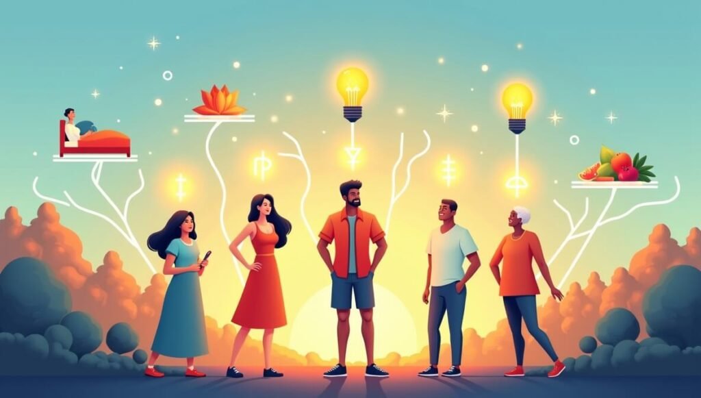 Improve Mental Clarity with this vibrant header image: A diverse trio—a young woman, middle-aged man, and elderly person from varied backgrounds—stands confidently in the foreground, their heads crowned by glowing neural pathways and light bulbs symbolizing sharp focus. Subtle icons float behind them: a cozy bed for restful sleep, a lotus for mindful breathing, running shoes for energizing movement, a colorful fruit plate for brain-boosting nutrition, a winding forest path for nature's refresh, and an open journal for thoughtful reflection. The backdrop gradients from dawn-blue skies to golden sunlight, with faint scientific graphs evoking proven strategies, all in a clean, minimalist illustration that inspires renewal and cognitive sharpness.