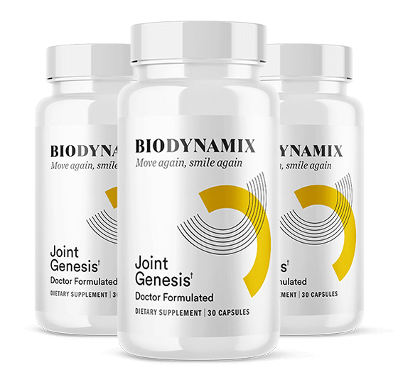 Joint Genesis Review: This image showcases three bottles of Joint Genesis, a doctor-formulated dietary supplement by Biodynamix Labs, designed to support joint health with 30 capsules each. The sleek white bottles feature a bold yellow logo and the tagline "Move again, smile again," highlighting its focus on mobility and comfort.
