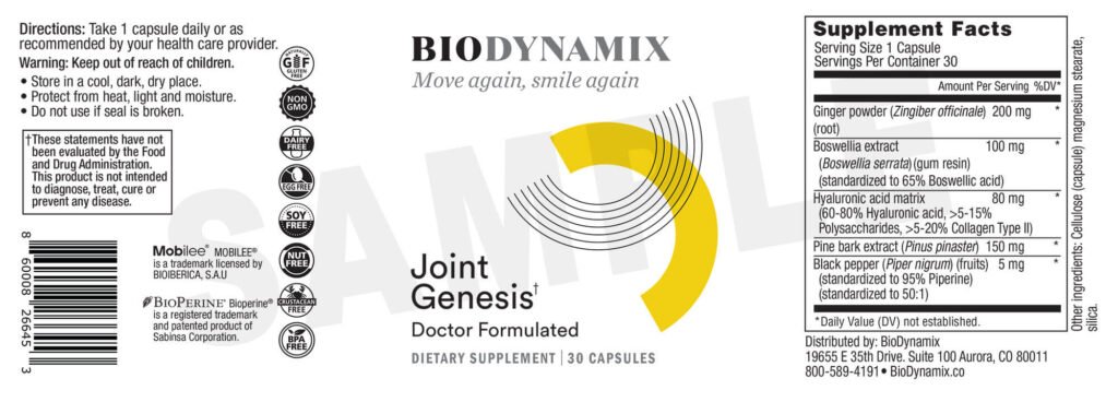 Joint Genesis ingredients: This image displays the label of Joint Genesis, a doctor-formulated dietary supplement by Biodynamix Labs, highlighting its key ingredients. The supplement facts list Ginger powder (200 mg), Boswellia extract (100 mg), Hyaluronic acid matrix (80 mg), Polysaccharides (5-20 mg), Pine bark extract (150 mg), and Black pepper (5 mg), all designed to support joint health. Additional details include usage directions, warnings, and certifications like non-GMO and gluten-free.