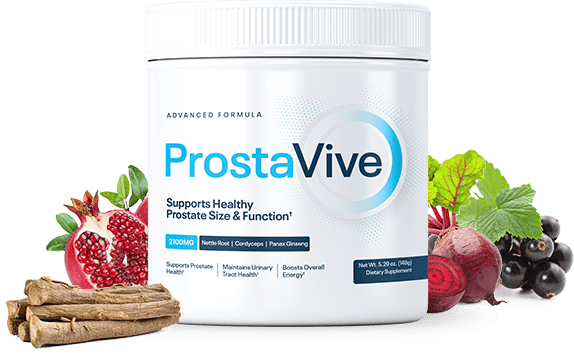 ProstaVive review showcases the advanced formula of this prostate health supplement in a sleek white jar, highlighted against a vibrant green background. Surrounding the product are natural ingredients like pomegranate, beets, and herbs, emphasizing its natural composition, including Nettle Root, Cordyceps, and Panax Ginseng, designed to support prostate size, function, and overall vitality.