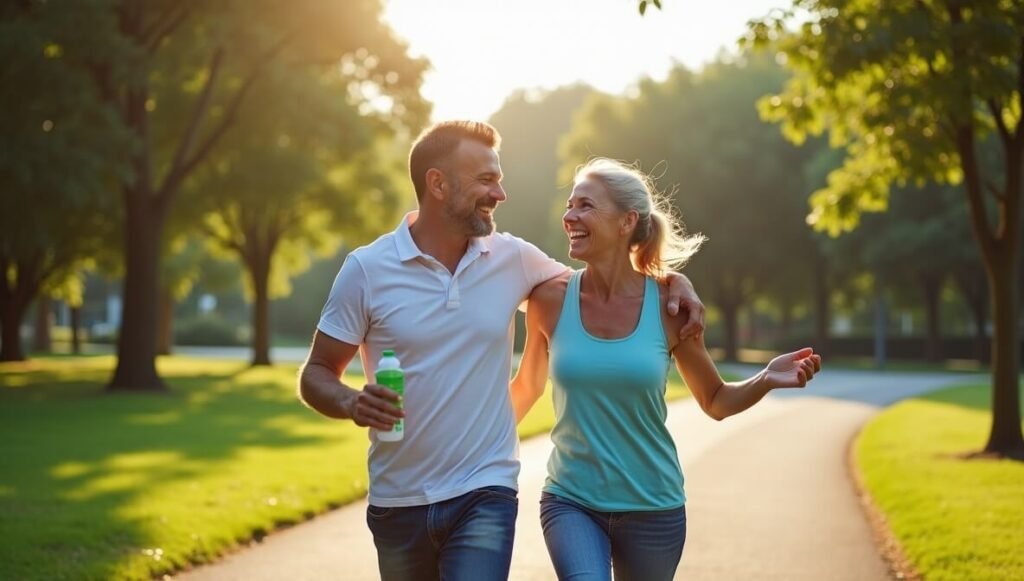 Benefits of walking shine in this vibrant image of a man and woman strolling joyfully in a lush green park. Smiling under a bright blue sky, one holds a water bottle while the other gestures happily, surrounded by trees and a winding path, capturing the health and happiness of an active lifestyle.