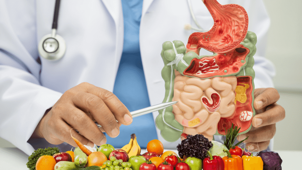 Foods for digestive health are showcased in this vibrant image, featuring a doctor holding a digestive system model surrounded by colorful fruits and vegetables like bananas, apples, carrots, and peppers. The scene highlights the connection between a healthy diet and gut wellness.