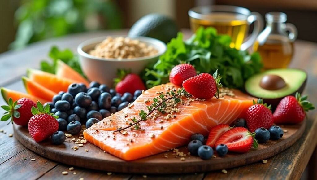 Foods for heart health shine in this vibrant image, showcasing a colorful spread of berries, grilled salmon, avocados, leafy greens, nuts, whole grains, olive oil, legumes, dark chocolate, and green tea on a rustic wooden table. Bright, natural lighting highlights their fresh textures, with a subtle heart-shaped berry arrangement symbolizing cardiovascular wellness.