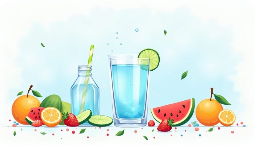 Tips for hydration come alive in this vibrant infographic featuring water-rich foods like watermelon, oranges, cucumbers, and strawberries. A refreshing glass of water with a lemon slice sits center stage, surrounded by bright blues, greens, and pops of red. Clean, modern design with clear labels, evoking vitality and wellness.