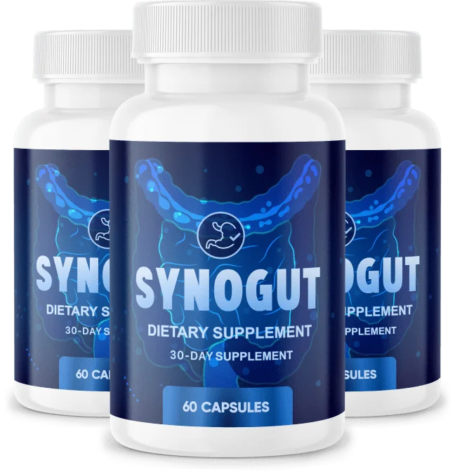 Synogut Review features an image of three sleek white bottles labeled "Synogut Dietary Supplement," each containing 60 capsules for a 30-day supply. The bottles showcase a vibrant design with a blue, stylized digestive tract illustration, emphasizing the product's focus on gut health. The clean, professional look highlights its natural approach to supporting digestion.