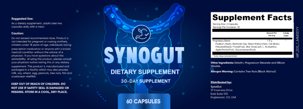 Synogut ingredients are highlighted in this detailed image of a Synogut dietary supplement bottle label, featuring a 30-day supply with 60 capsules. The label lists a proprietary blend of 1.5g per serving, including Psyllium Husk, Bentonite Clay, Black Walnut Hull, Flaxseed, Prune Fruit, Aloe Vera Leaf, Oat Bran, Apple Pectin Fruit, Glucomannan Root, and L. Acidophilus, with additional inactive ingredients like Gelatin and Magnesium Stearate. It also includes usage instructions (two capsules daily with a meal) and cautions, emphasizing its natural gut health focus.